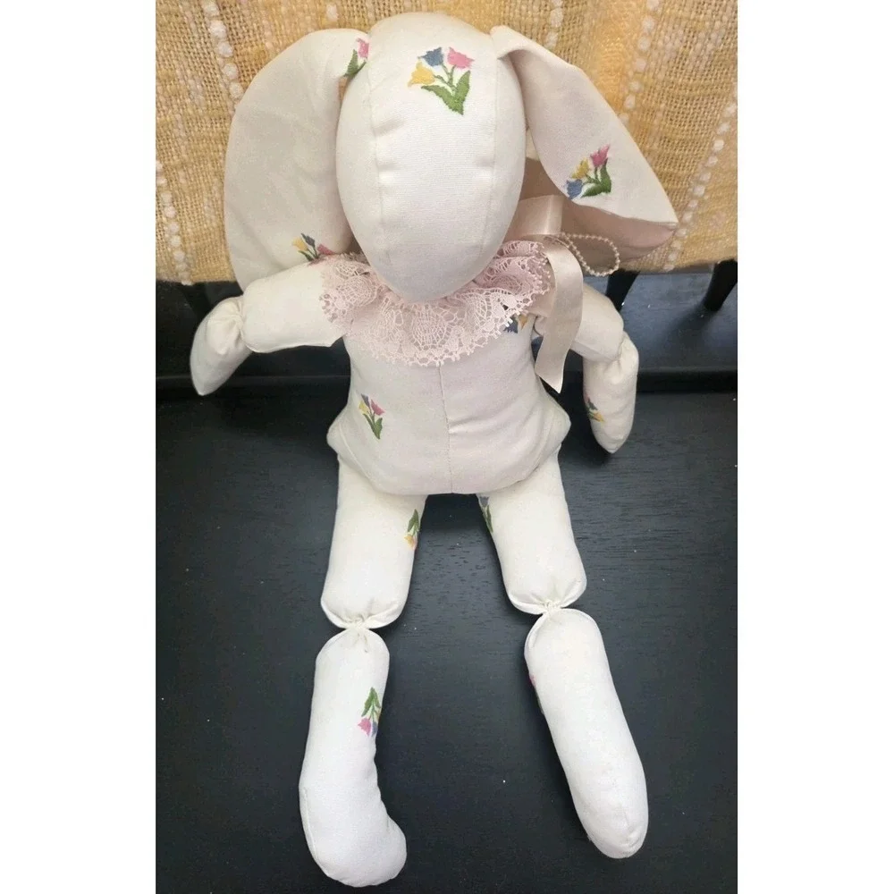 Vintage Floral Bunny Rabbit Lop Ear Easter Cottage Decor‎ 20 Inches Embroidered